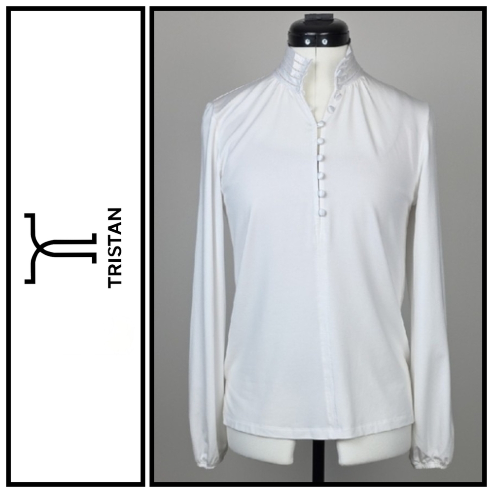 Tristan White Satin Trim Blouse – Minimalist Chic Long Sleeve Top – Size XS